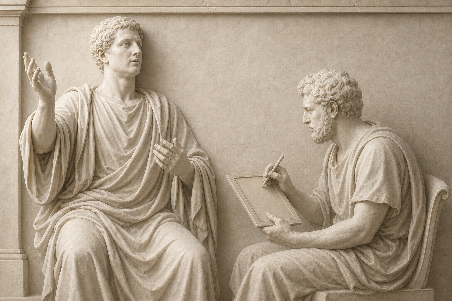 Carved Roman orator speaking while a seated scribe writes on a blank tablet