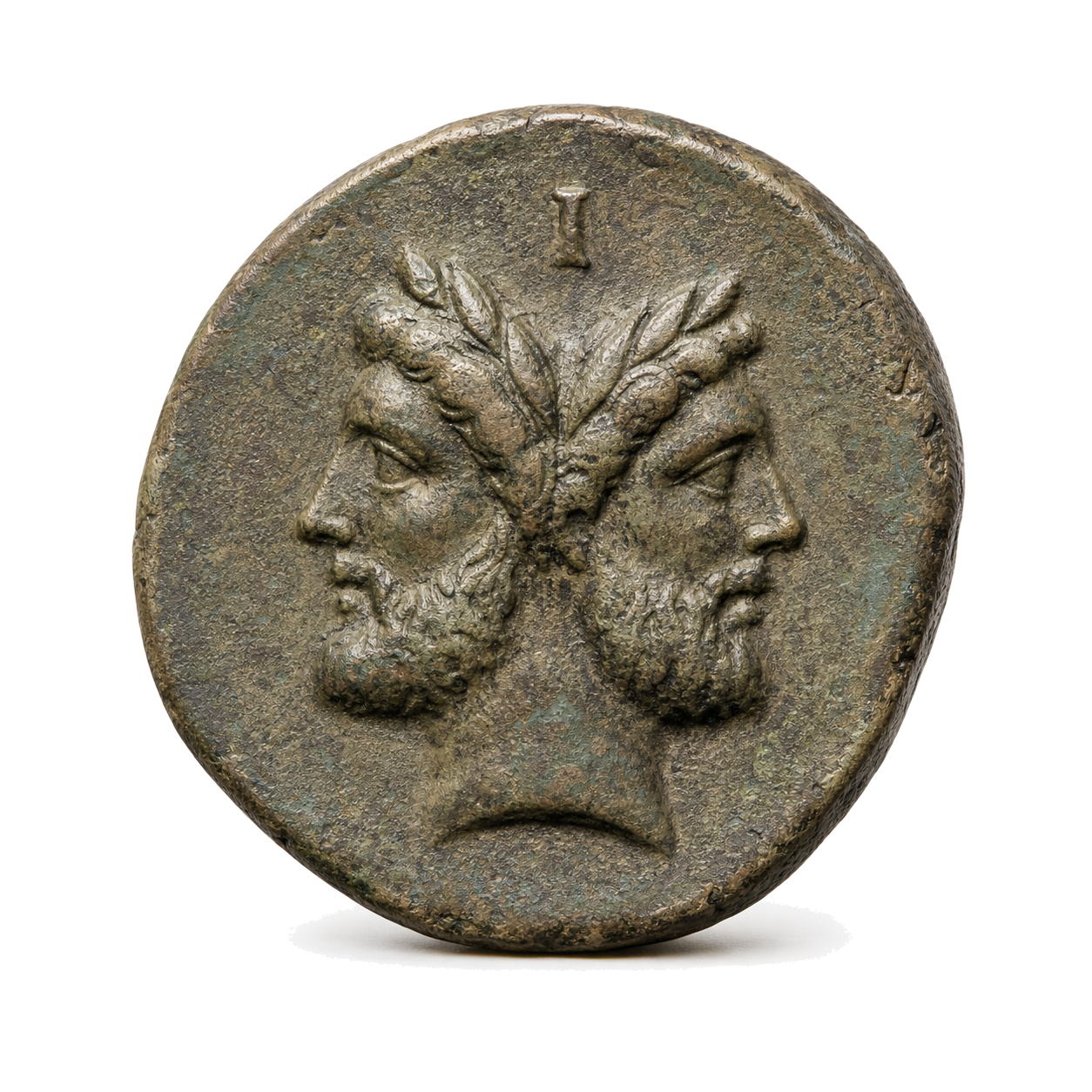 Slightly angled ancient bronze Roman as with a laureate Janus head
