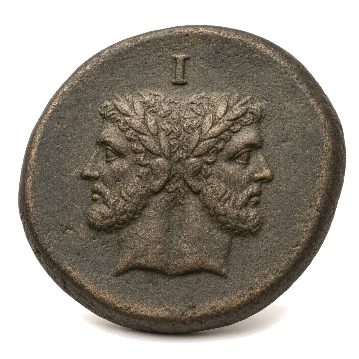 Slightly angled heavy cast Roman aes grave with a bearded Janus head